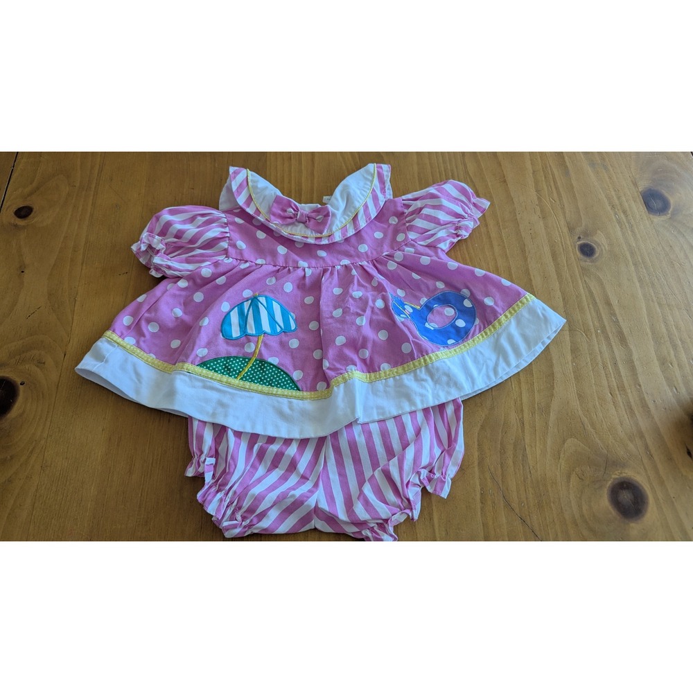 Vintage Pink Polka Dot Stripe Beach Applique Top & Bloomers Set 6-9 Months
